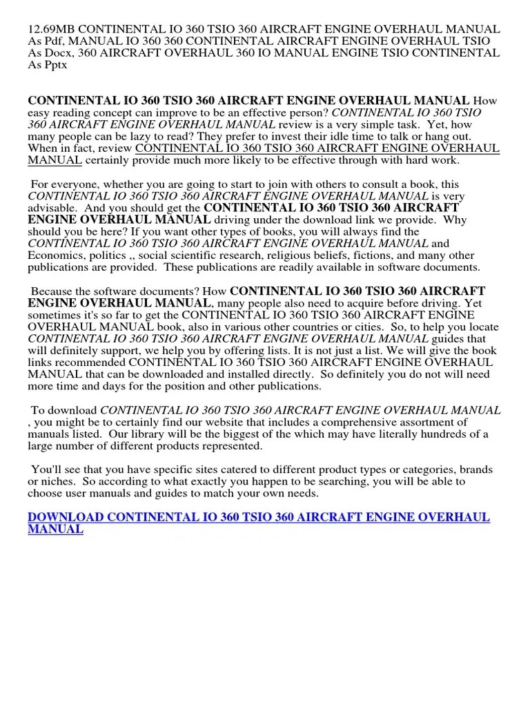 Continental Io 360 Tsio 360 Aircraft Engine Overhaul Manual | PDF