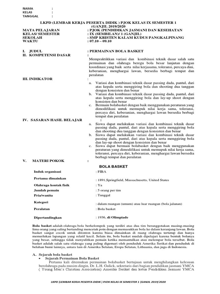 LKPD KELAS 9 BOLA BASKET Salinan | PDF