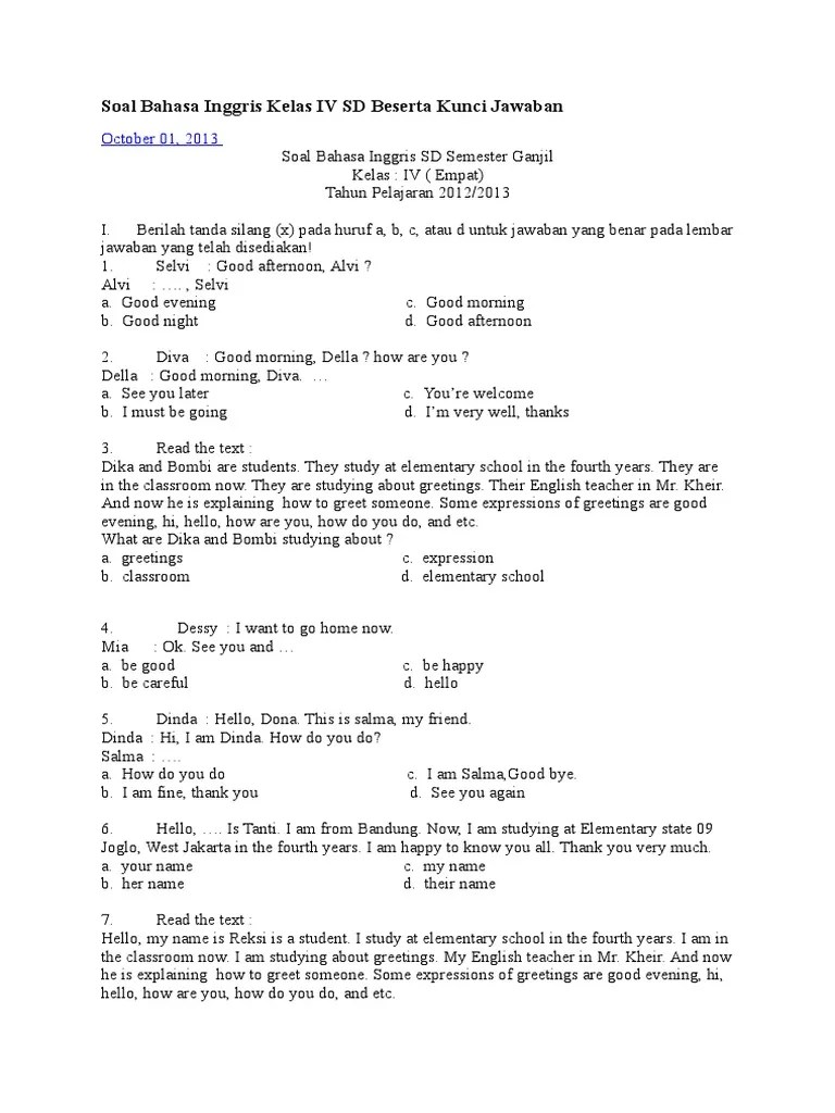 Soal Bahasa Inggris Kelas IV SD Beserta Kunci Jawaban Semester Ganjil | PDF