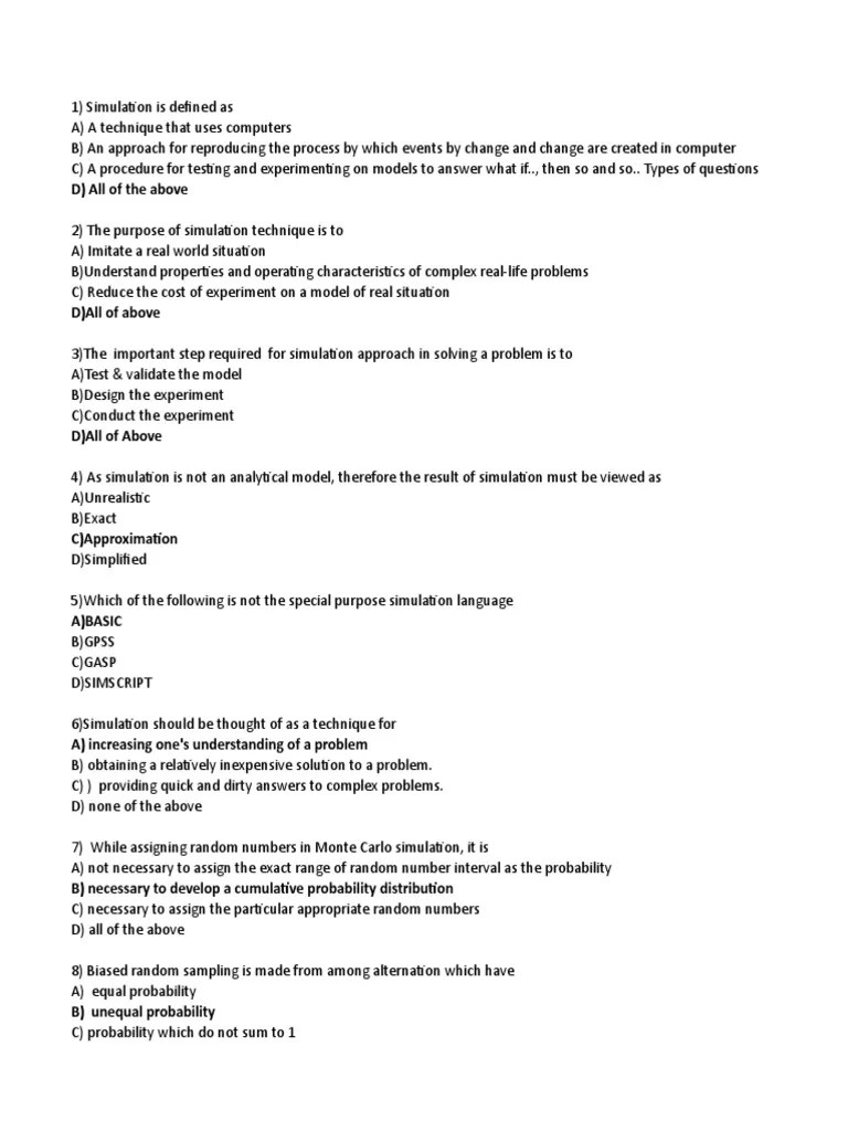 Simulation MCQ PDF Monte Carlo Method Simulation