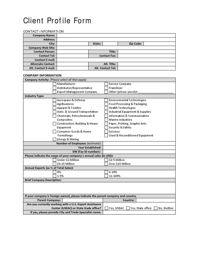 Client Profile Form Exports License