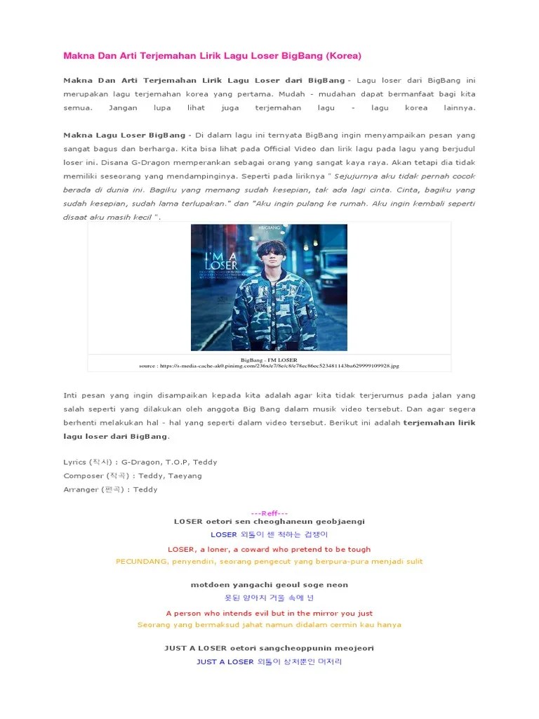 Makna Dan Arti Terjemahan Lirik Lagu Loser BigBang | PDF
