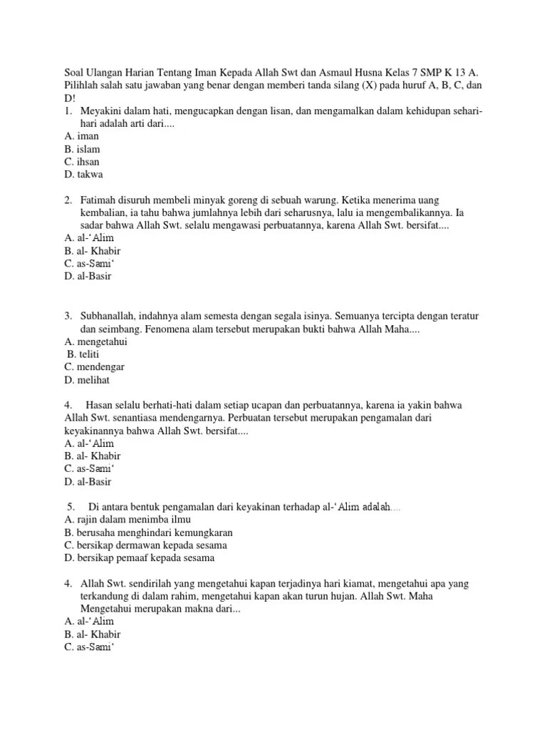 Soal Ulangan Harian Tentang Iman Kepada Allah SWT Dan Asmaul Husna Kelas 7  SMP K 13 A | PDF