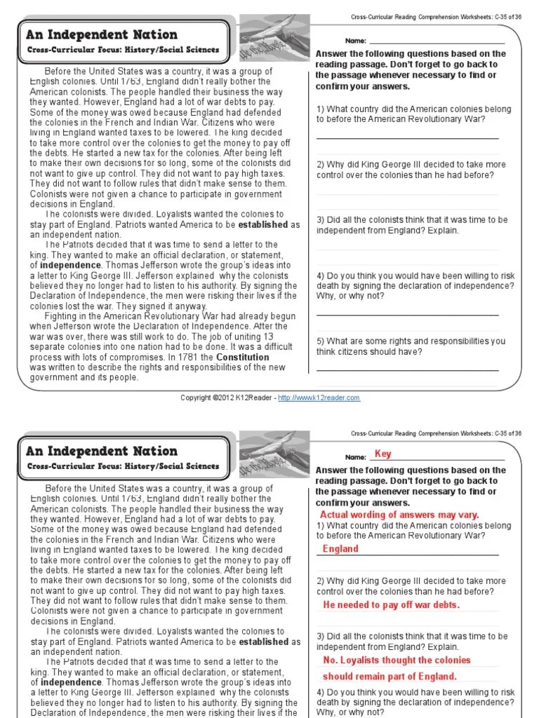 CrossCurricular Reading Comprehension Worksheets C35 of 36 PDF Patriot (American