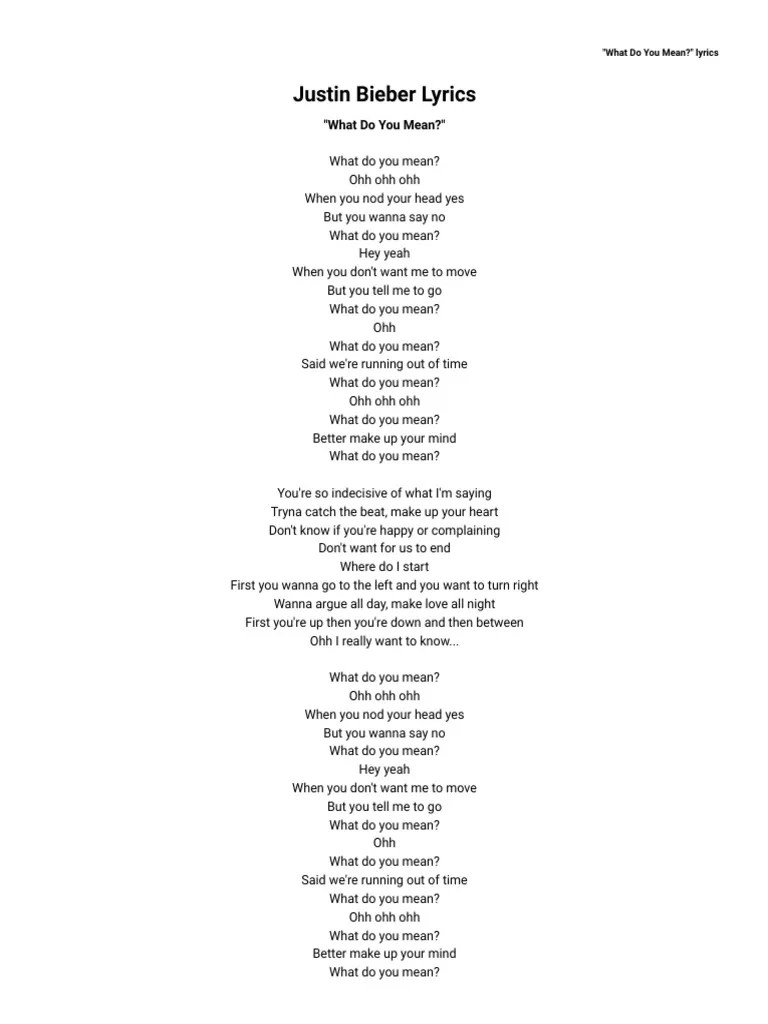 Justin Bieber What Do You Mean Lyrics PDF Rhythm And Blues