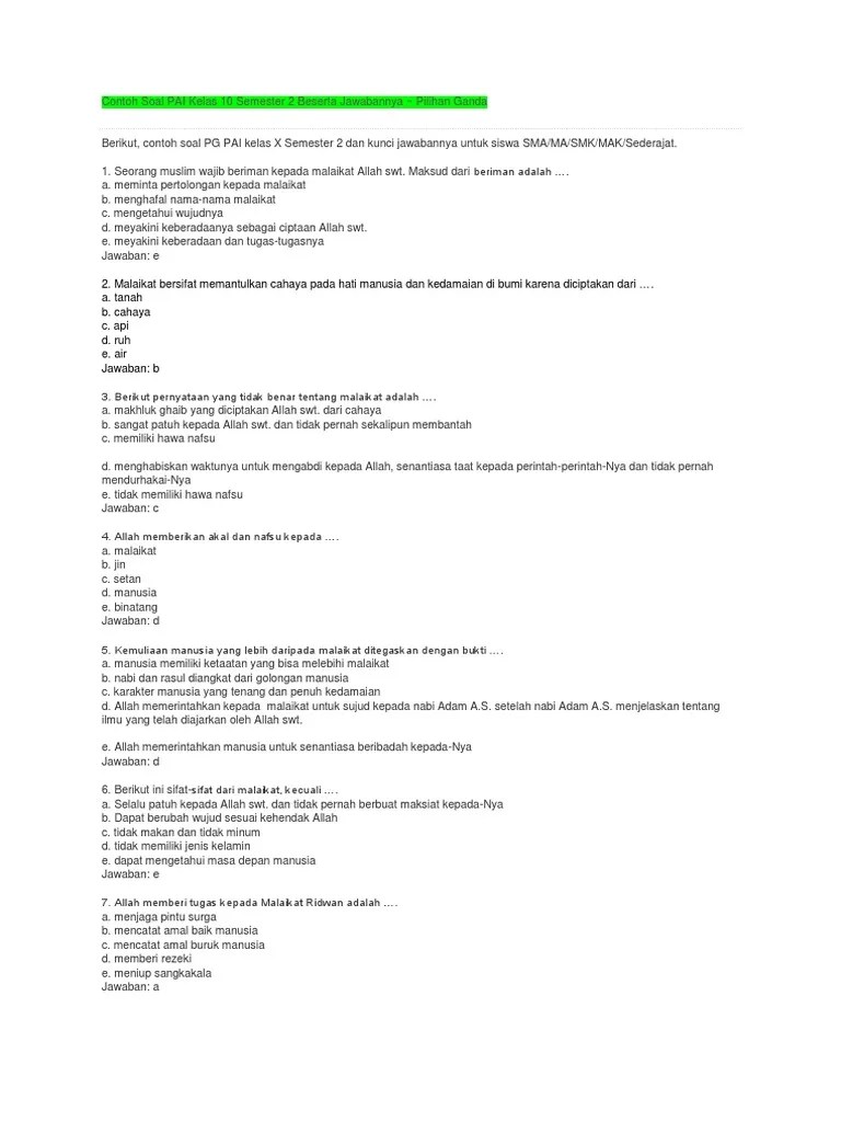 Contoh Soal PAI Kelas 1 (X) Semester 2 Beserta Jawabannya | PDF