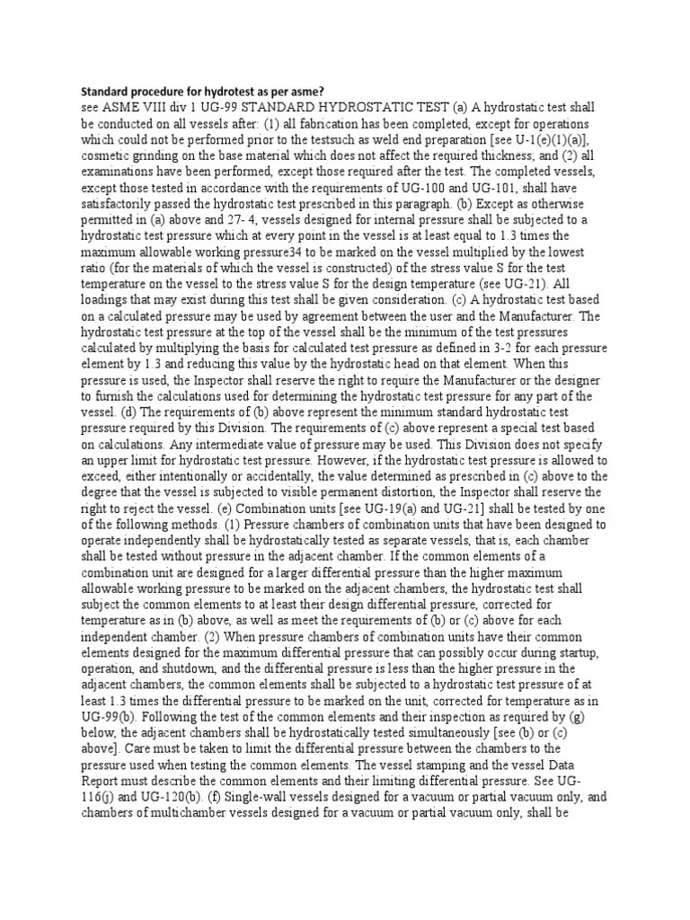 Standard Procedure For Hydrotest As Per Asme? Download Free PDF