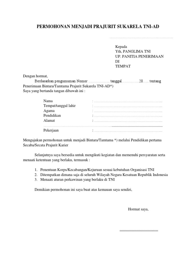 Permohonan Menjadi Prajurit Sukarela Tni | PDF