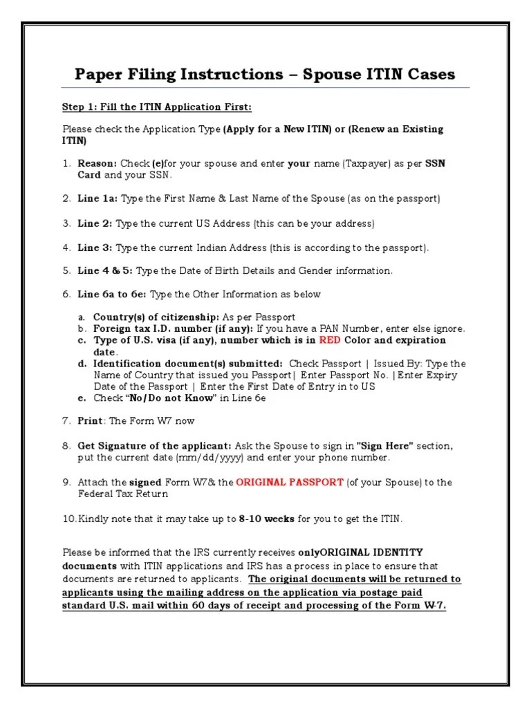 Paper Filing Instructions Spouse ITIN Cases & Joint Declaration