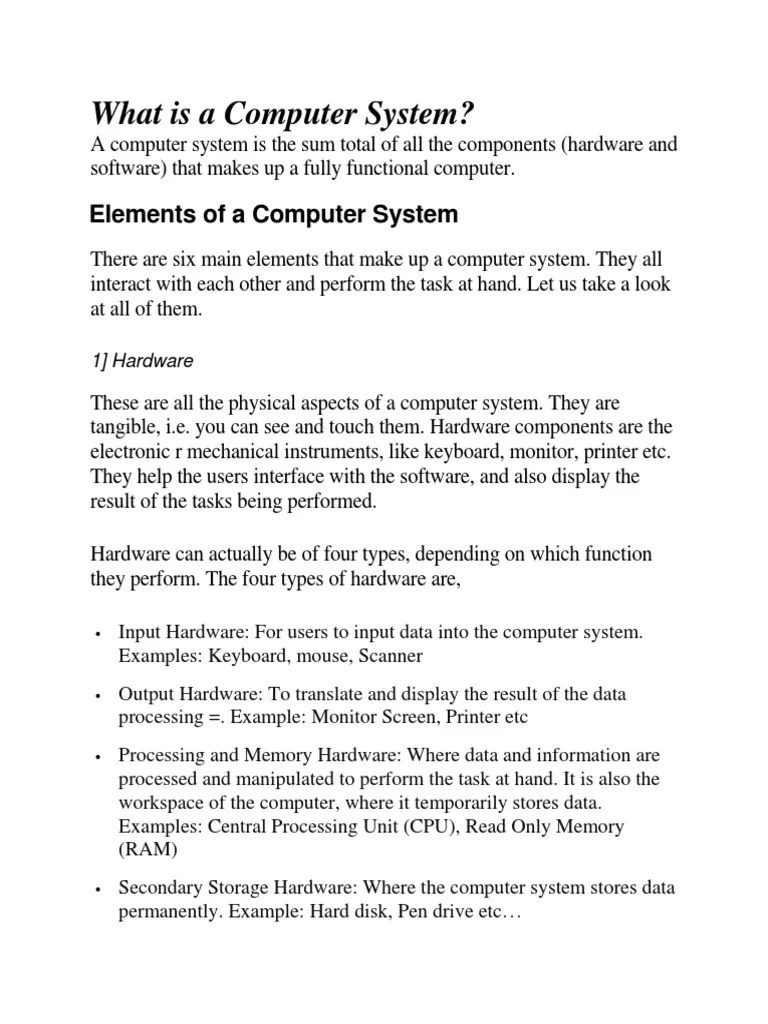 Elements of A Computer System PDF Computer Hardware Input/Output