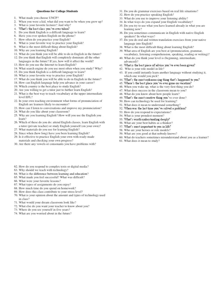 Questions For College Students PDF English Language Homework