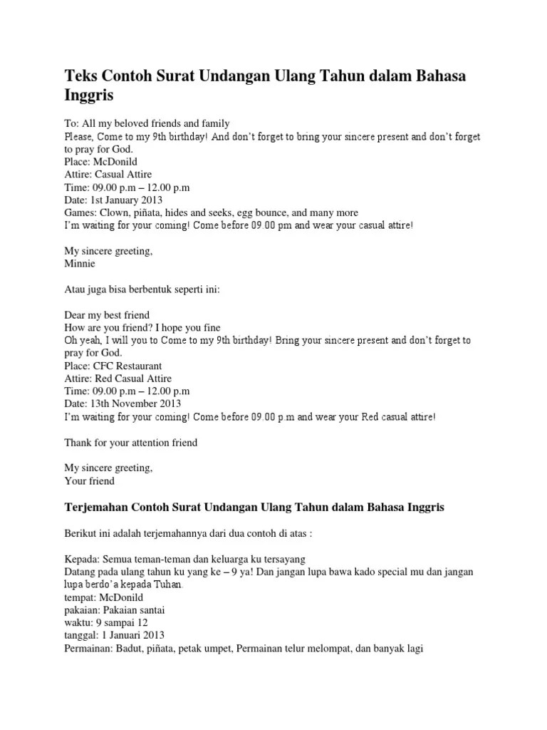Teks Contoh Surat Undangan Ulang Tahun Dalam Bahasa Inggris | PDF
