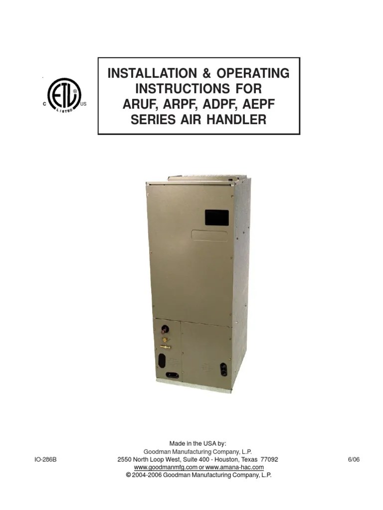 Goodman ARUF Air Handler Installation Instructions | PDF | Duct (Flow