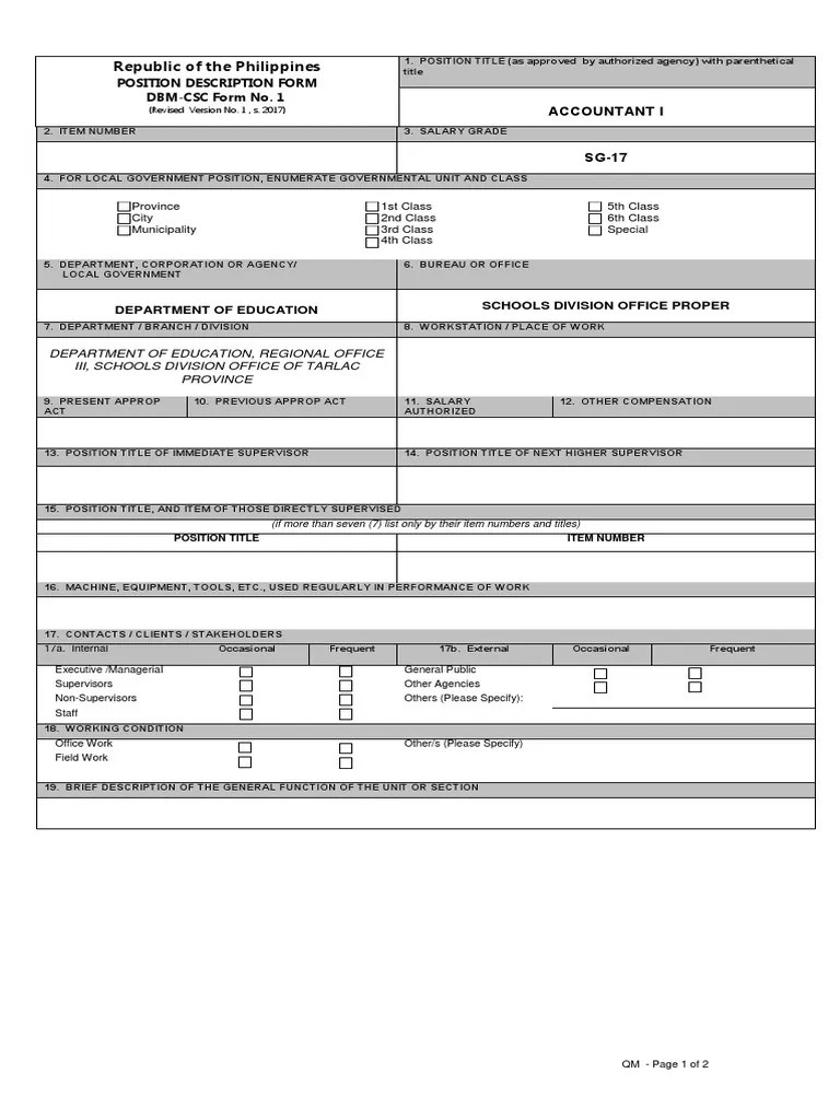 POSITION DESCRIPTION FORM CSC Revised 2017 Accountant I PDF