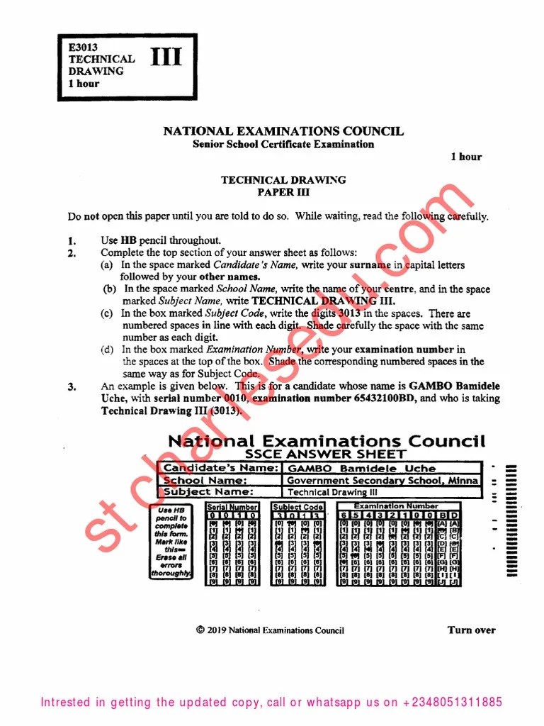Technical Drawing NECO Past Questions Paper 3 & 4 PDF