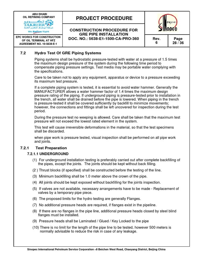 GRE Hydrotest Procedure PDF PDF Pipeline Transport Pipe (Fluid