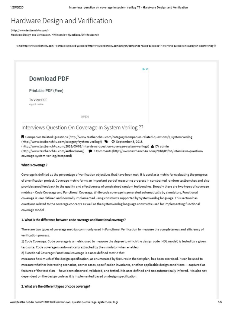 Interviews Question On Coverage in System Verilog Hardware Design and