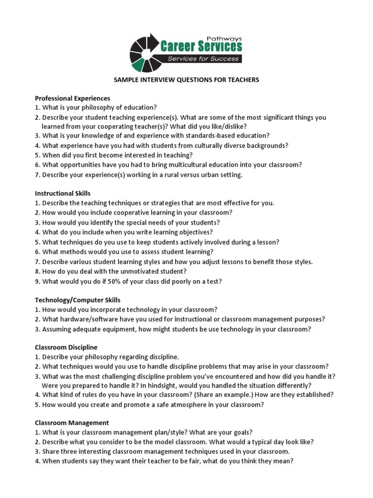 Sample Education Interview Questions PDF Classroom Management