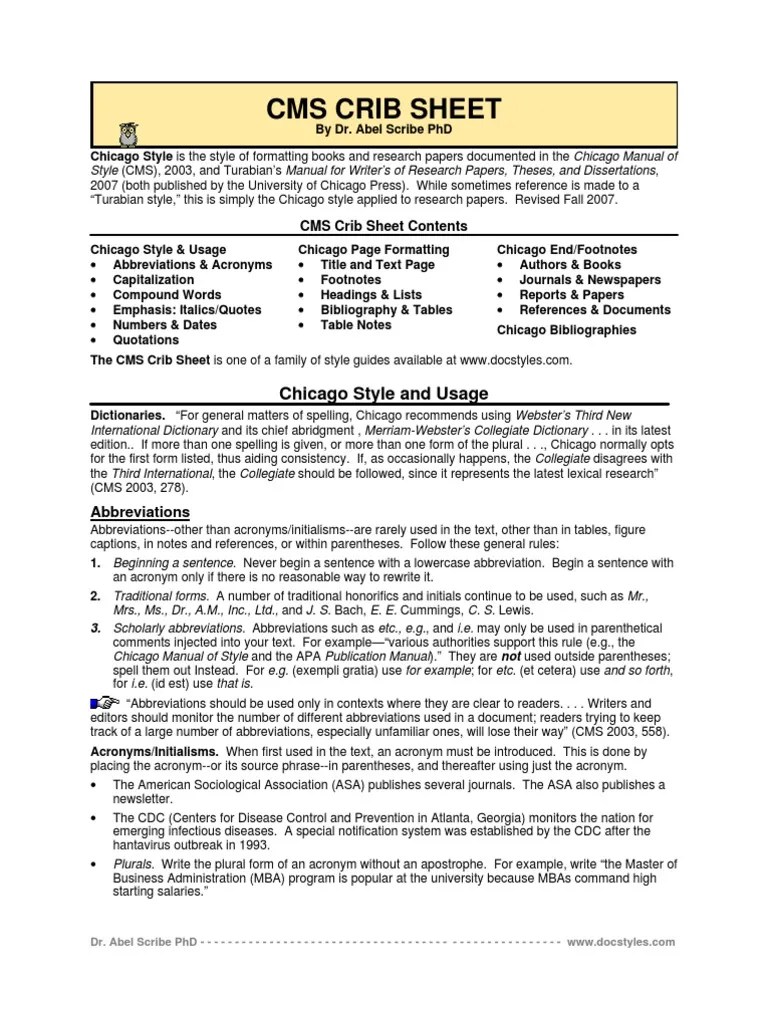 Chicago Manual of Style (Turabian) Crib Sheet | PDF | A Manual For 