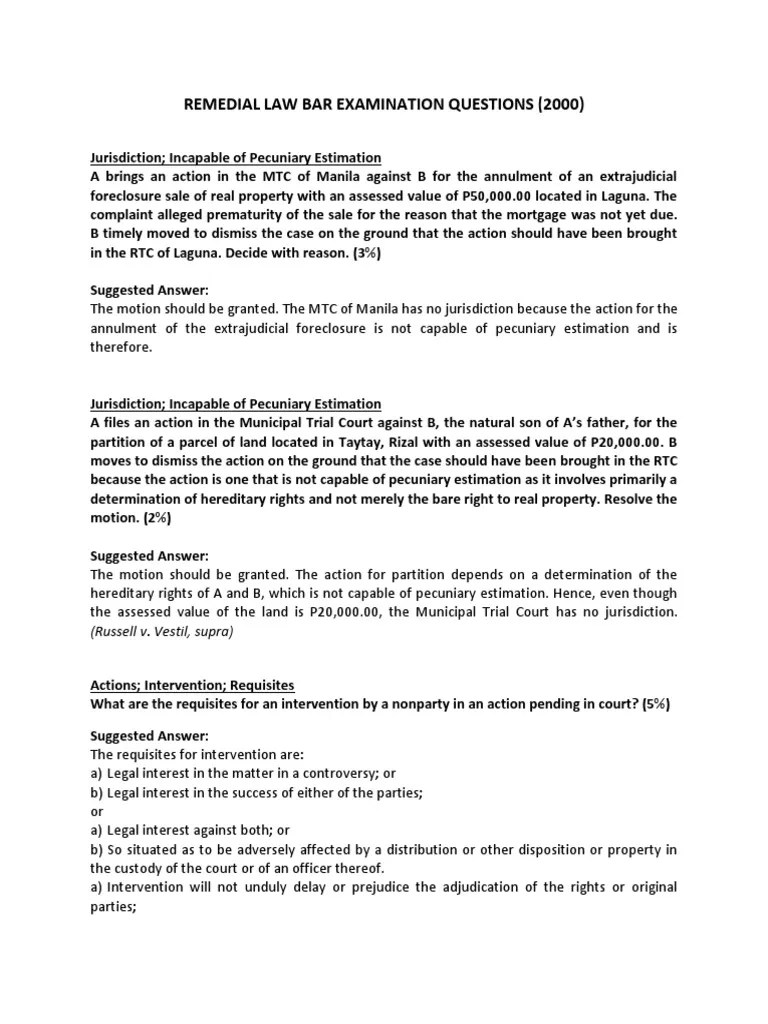 Remedial Law Bar Questions PDF Discovery (Law) Complaint