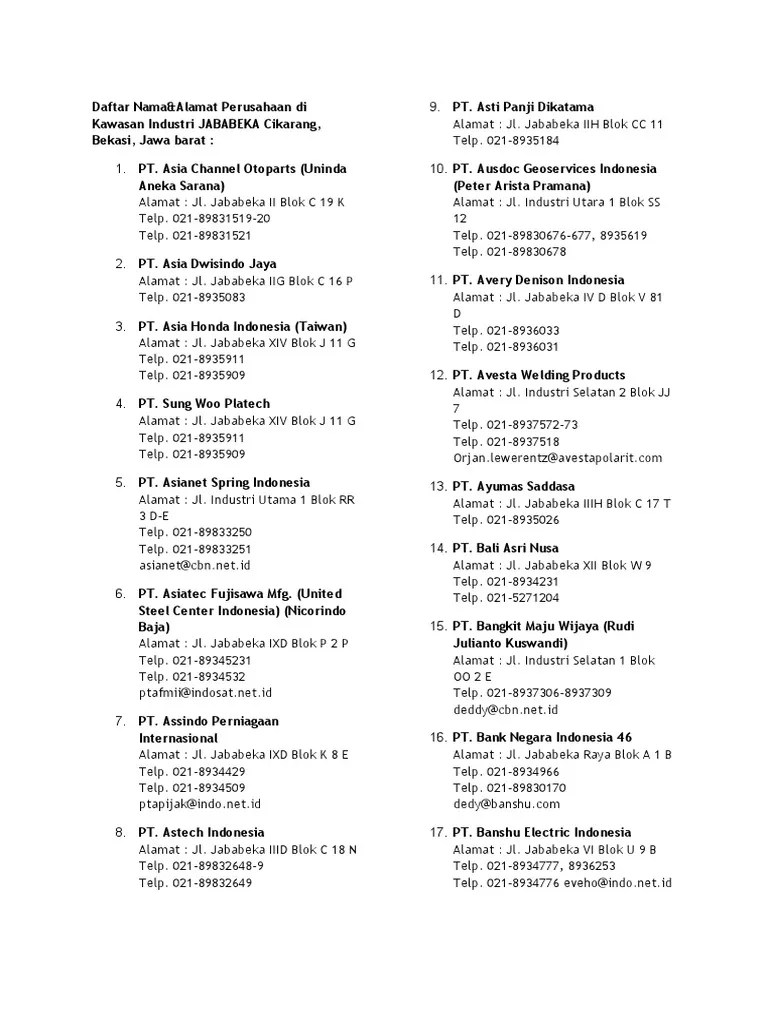 Daftar Nama&amp;Alamat Perusahaan Di Kawasan Industri JABABEKA Cikarang,  Bekasi, Jawa Barat - PDF | PDF