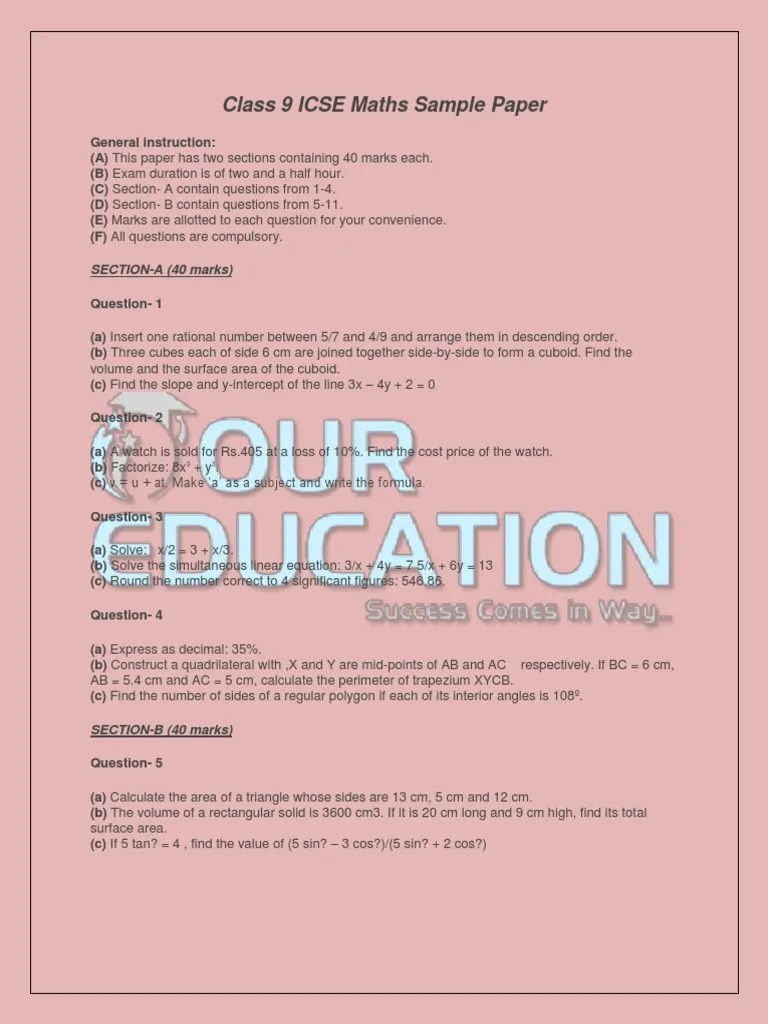 Class 9 ICSE Maths Sample PDF Area Triangle