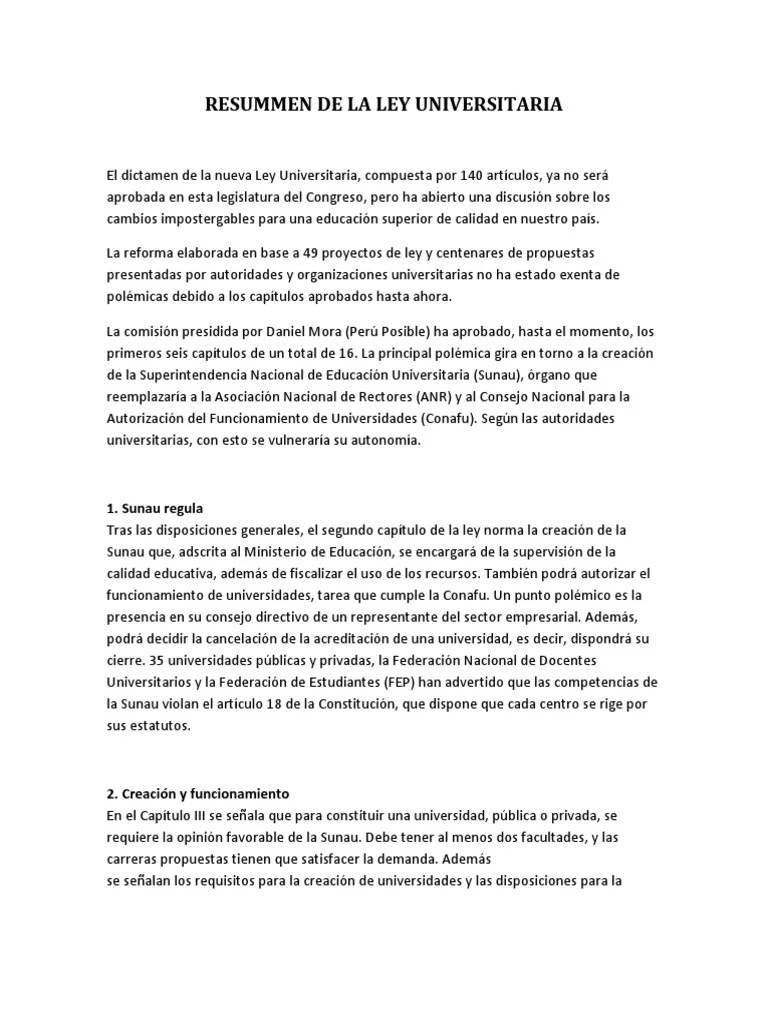 Resummen de La Ley Universitaria PDF Universidad pública Universidad