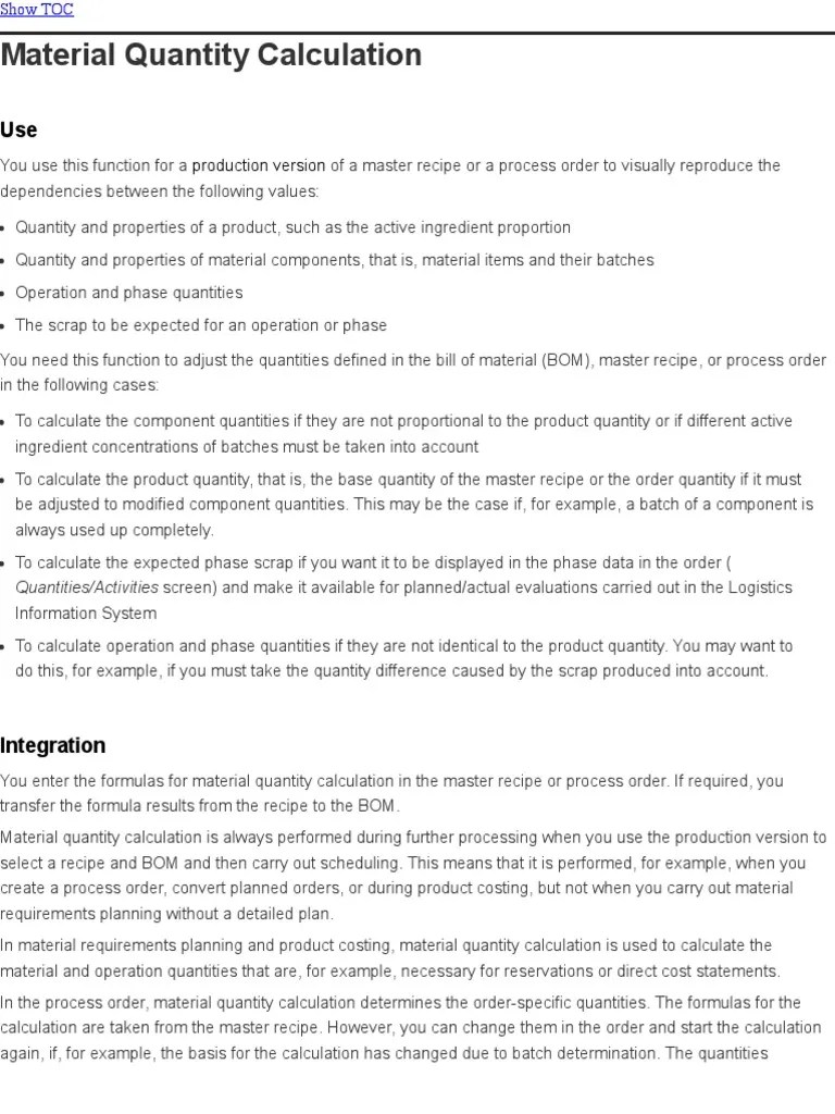 Material Quantity Calculation SAP Documentation PDF Function