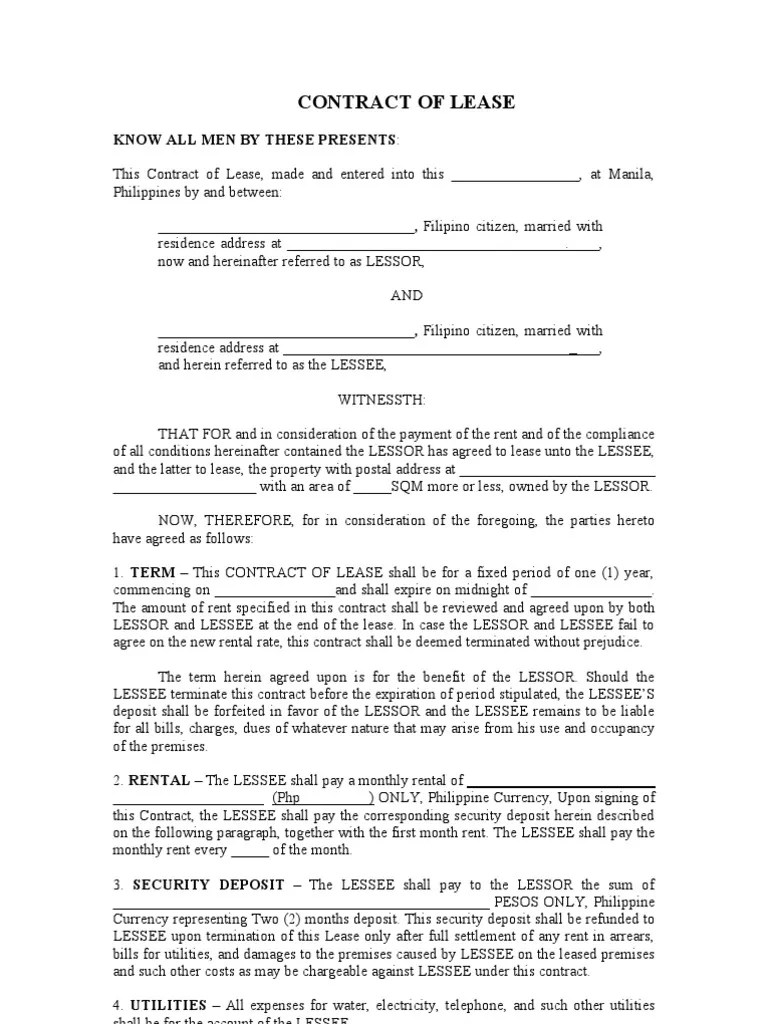 Contract of Lease Form PDF Lease Common Law