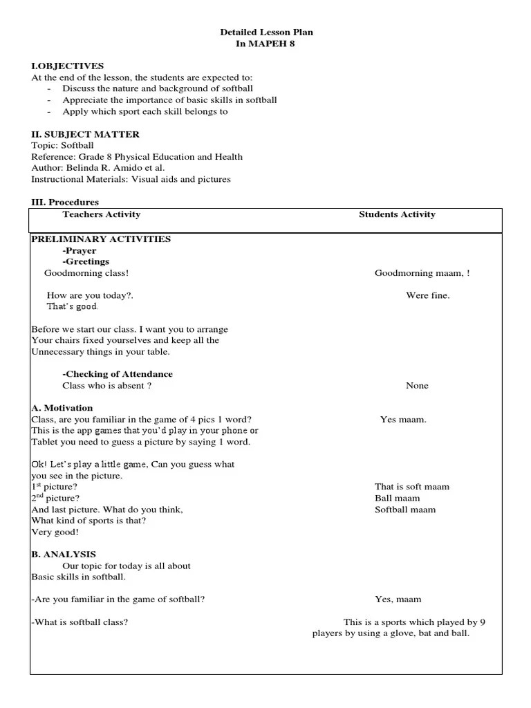 Softball Detailed Lesson Plan PDF Softball Pitcher