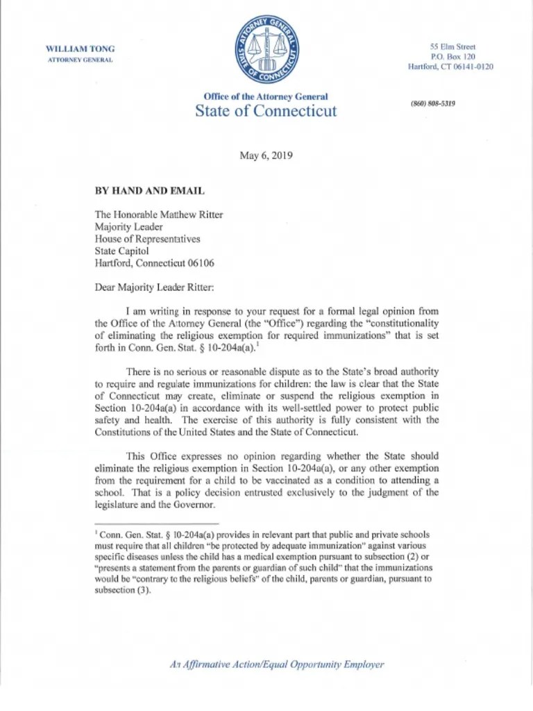 Connecticut Attorney General Legal Opinion Letter On Religious