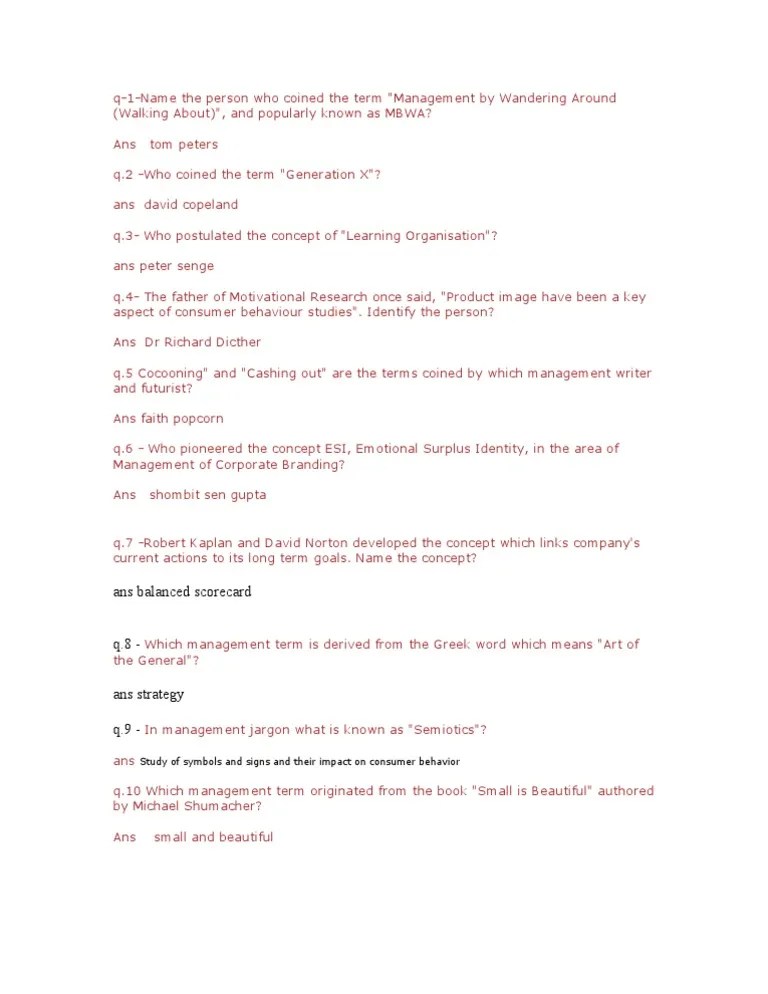 Management Quiz With Answers PDF Action (Philosophy) Cognitive