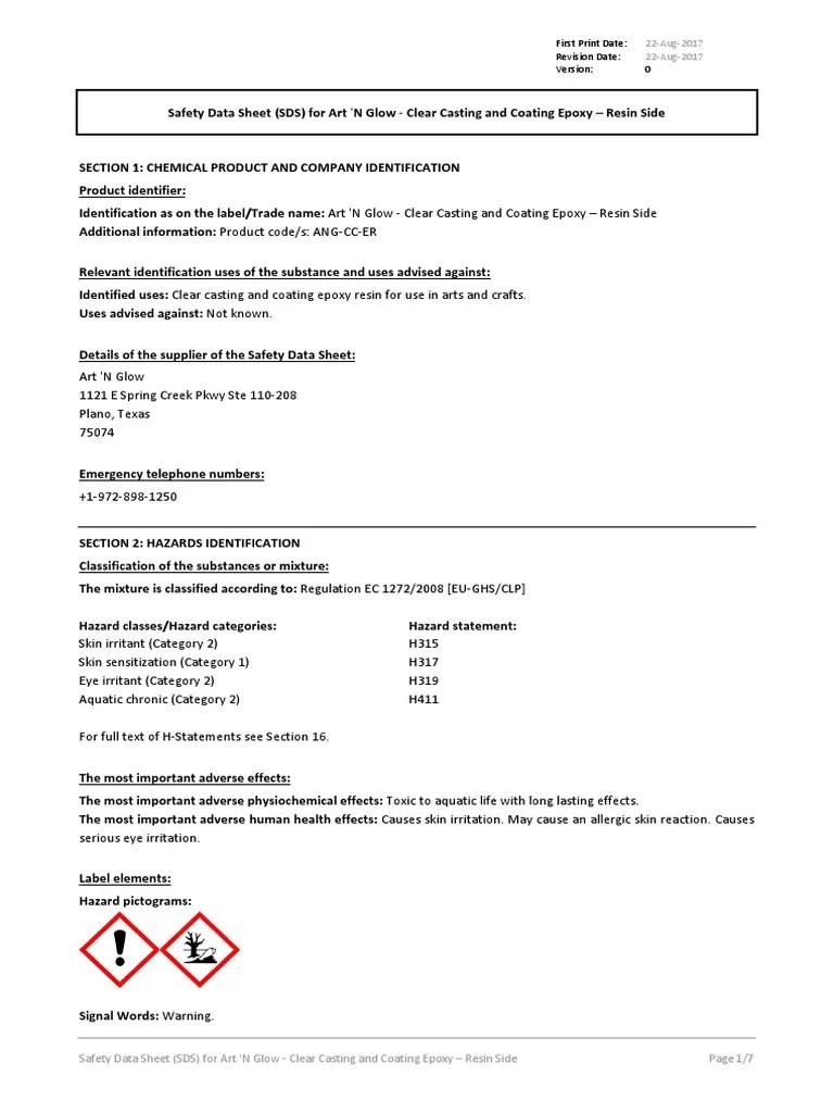 Art N Glow Clear Casting and Coating Epoxy Resin SDS Complete