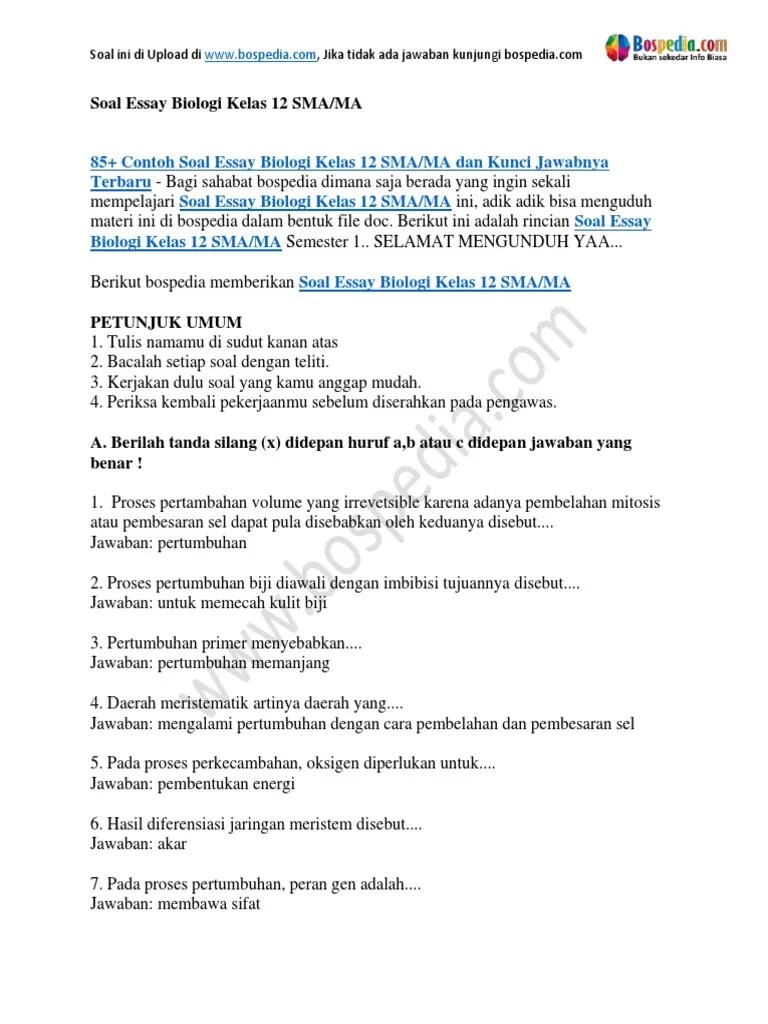 85+ Contoh Soal Essay Biologi Kelas 12 SMA MA Dan Kunci Jawabnya | PDF