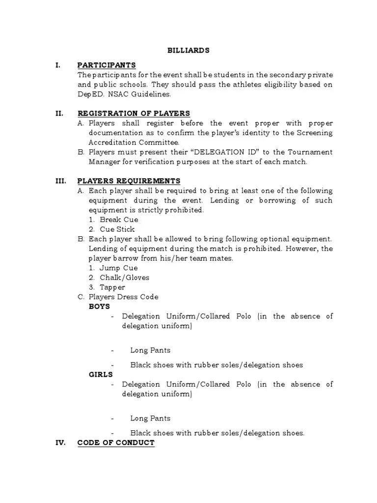 Rules and Regulations for the Billiards Competition at the Palarong