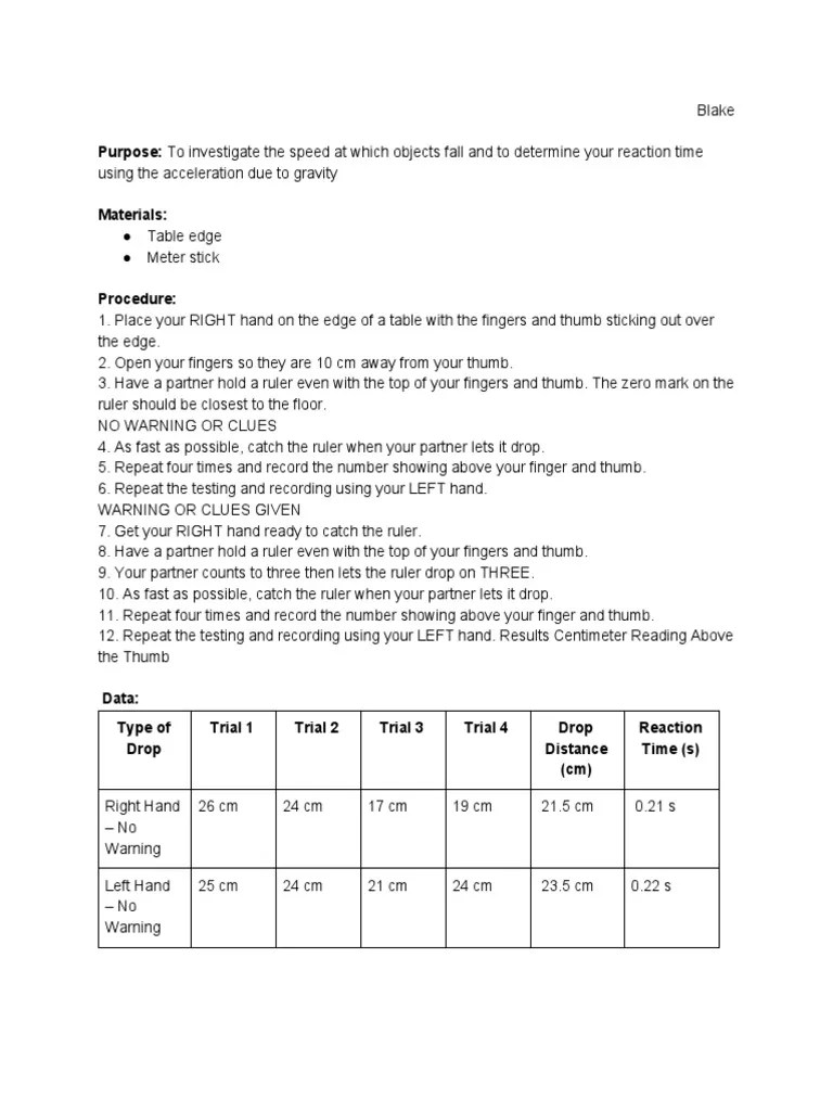 Reaction Time Lab Download Free PDF Metre Hand
