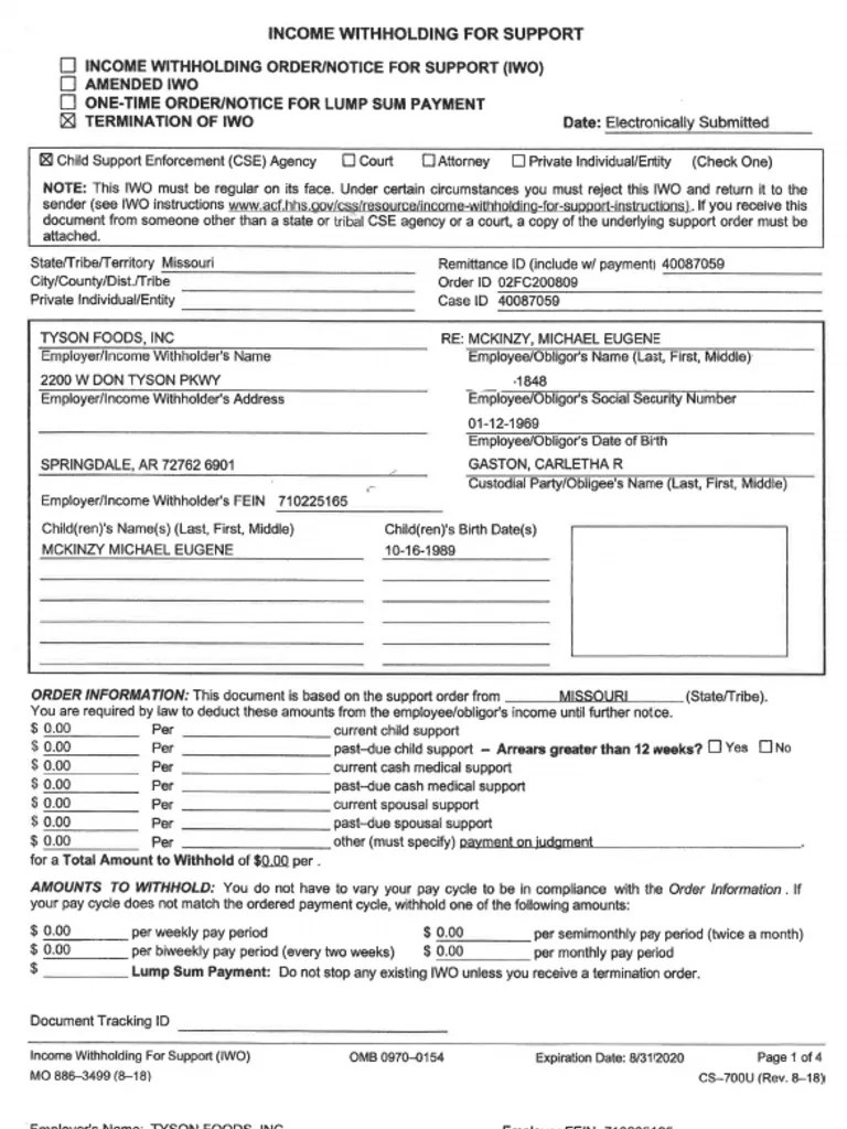Missouri Child Support Termination of Withholding Order in