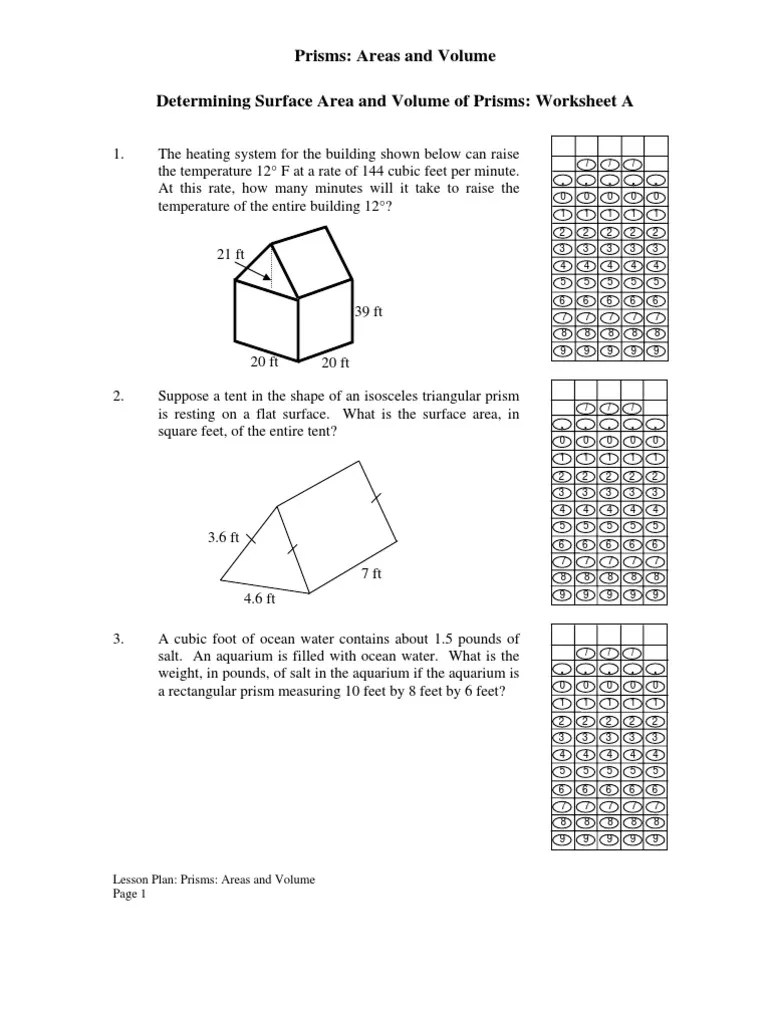 Prisms Areas and Volume Determining Surface Area and Volume of Prisms