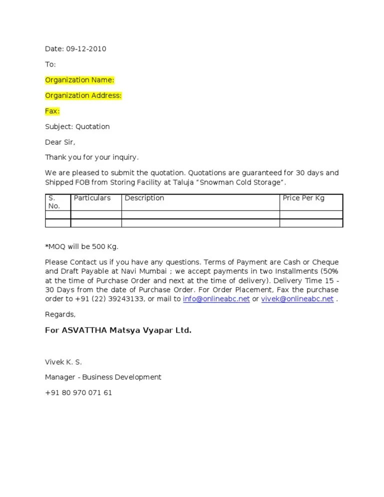 Price Quotation Format
