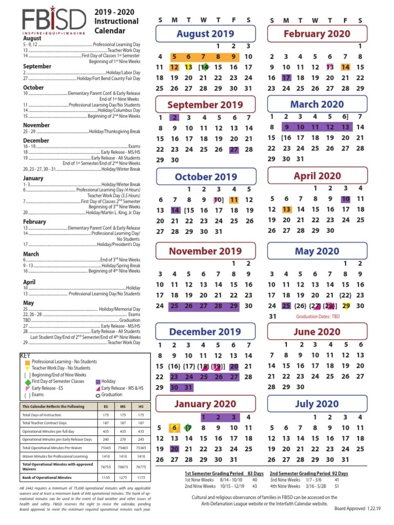 201920 FBISD Instructional Calendar PDF