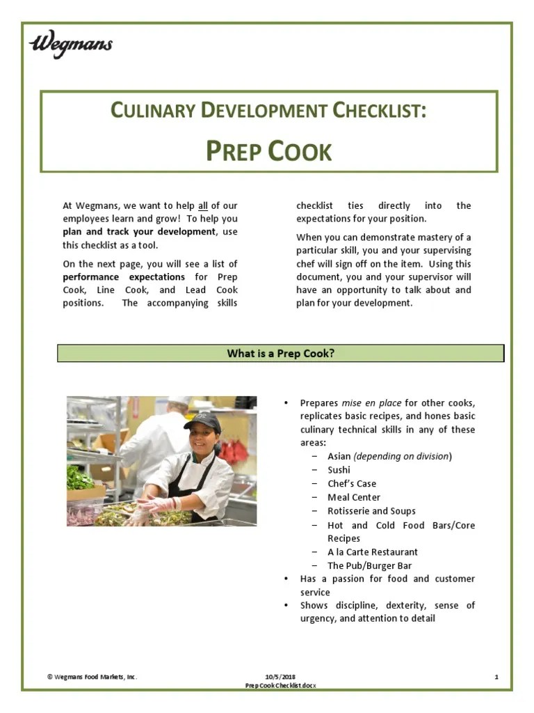 Prep Cook Checklist PDF Chef Foods