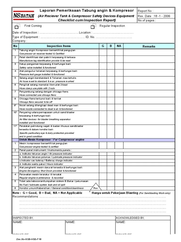 Compressor Inspection Checklist PDF Gas Technologies Gases