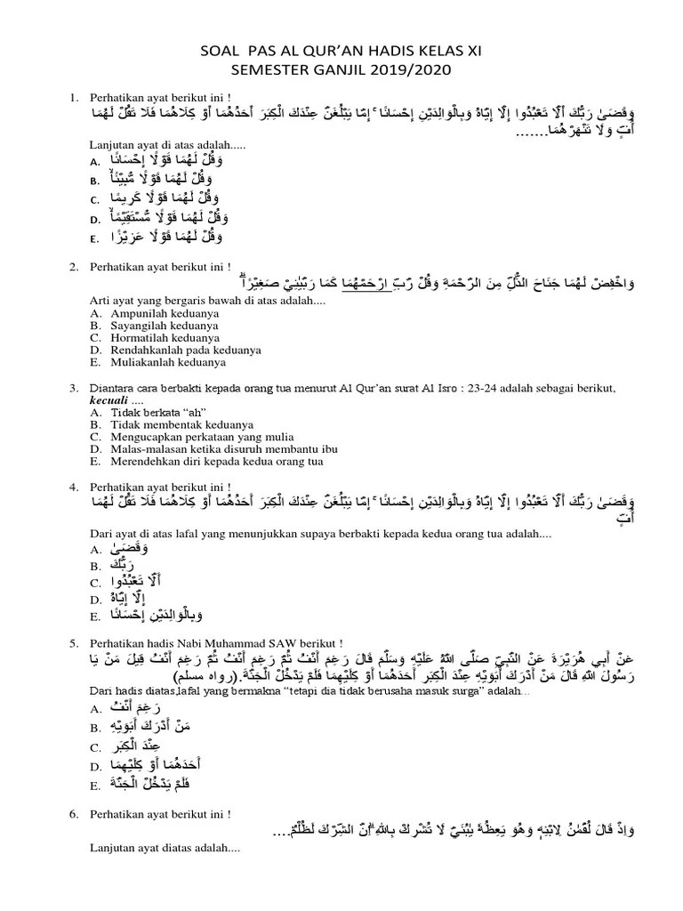 4 Edit SOAL AL QUR&rsquo;AN HADIS Kelas XI PAS 19-20 | PDF