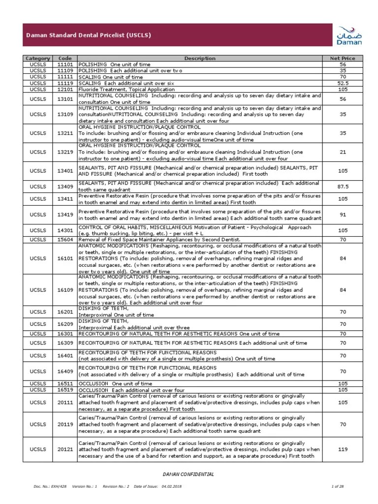 Daman Standard Dental Pricelist (USCLS) Oral Hygiene Mouth