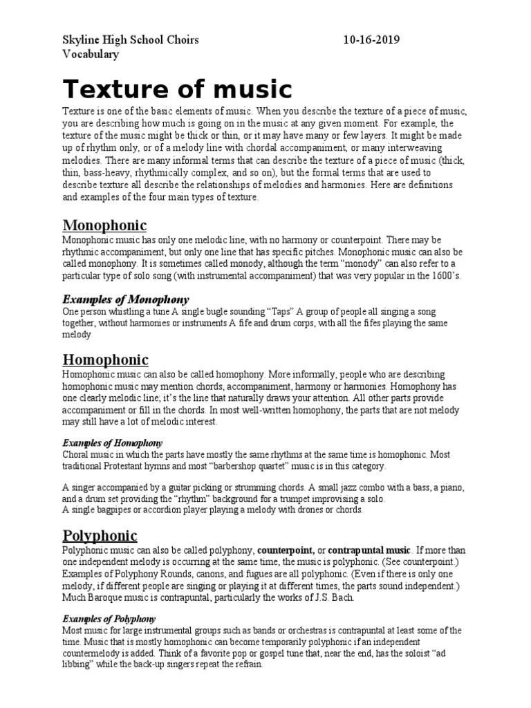 An Overview of Musical Texture Monophonic, Homophonic, Polyphonic, and