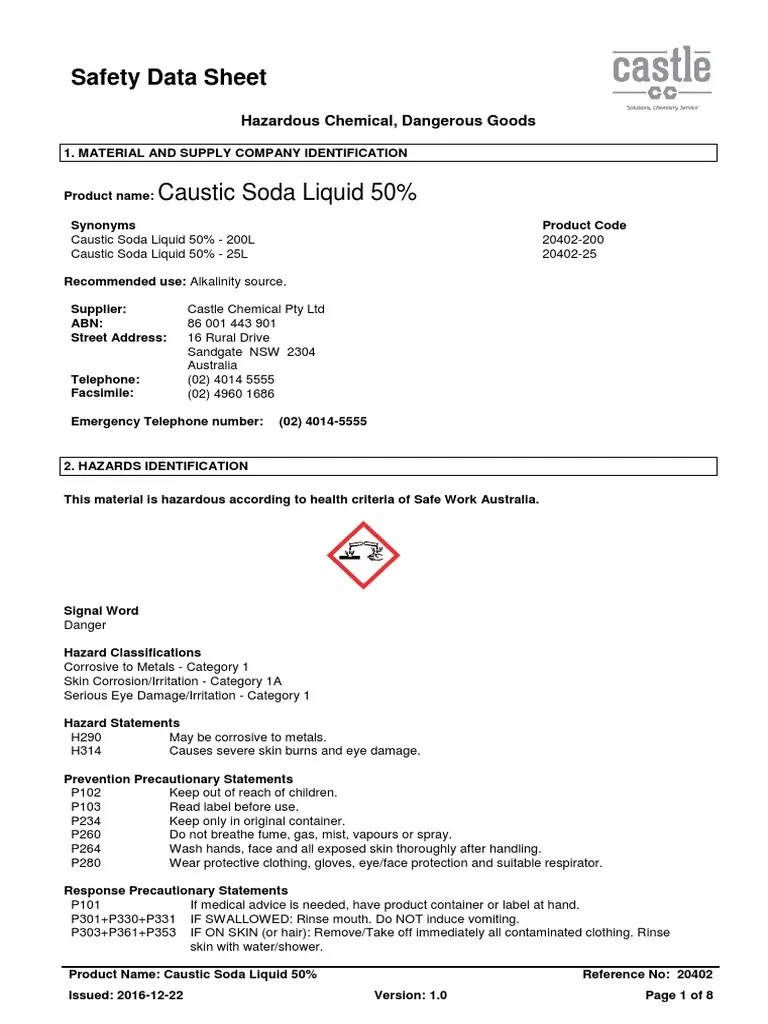 Caustic Soda Liquid 50 SDS PDF PDF Dangerous Goods Toxicity