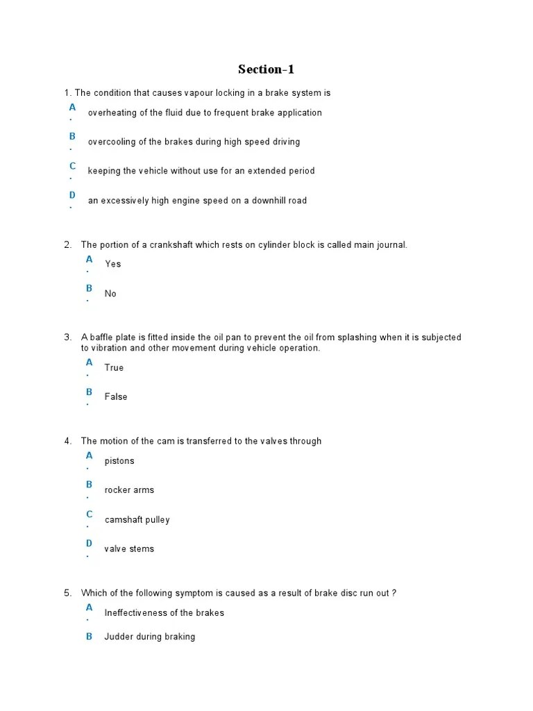Automobile Quiz Questions PDF Diesel Engine Engines
