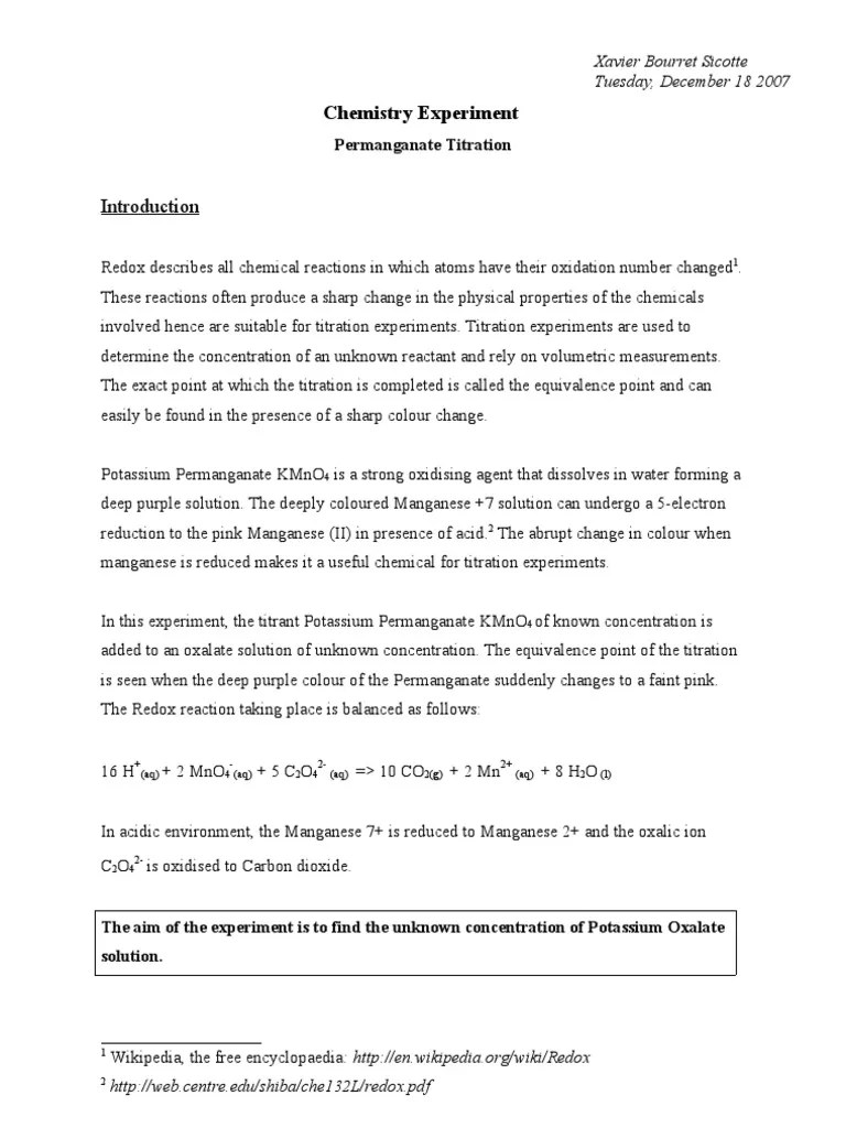 Permanganate Titration PDF Titration Chemistry