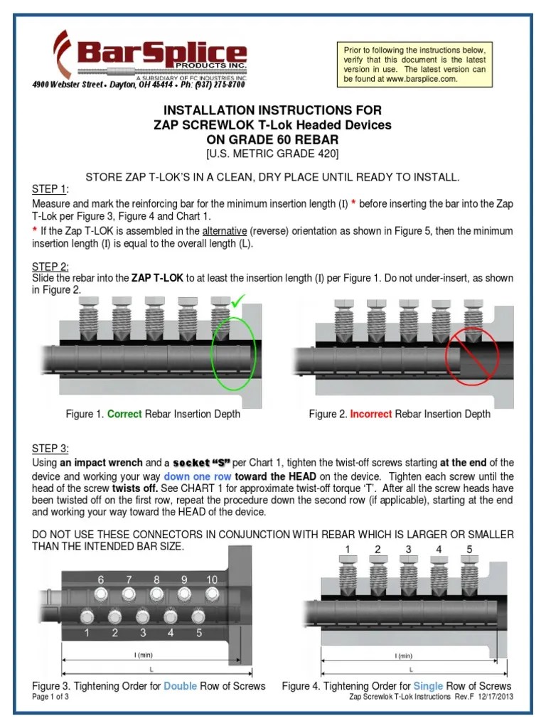 Install Zap Screwlok TLok Rebar Couplers PDF Screw Galvanization