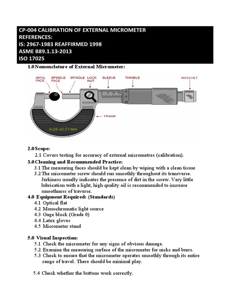 Calibration Procedure for External Micrometers Testing for Accuracy